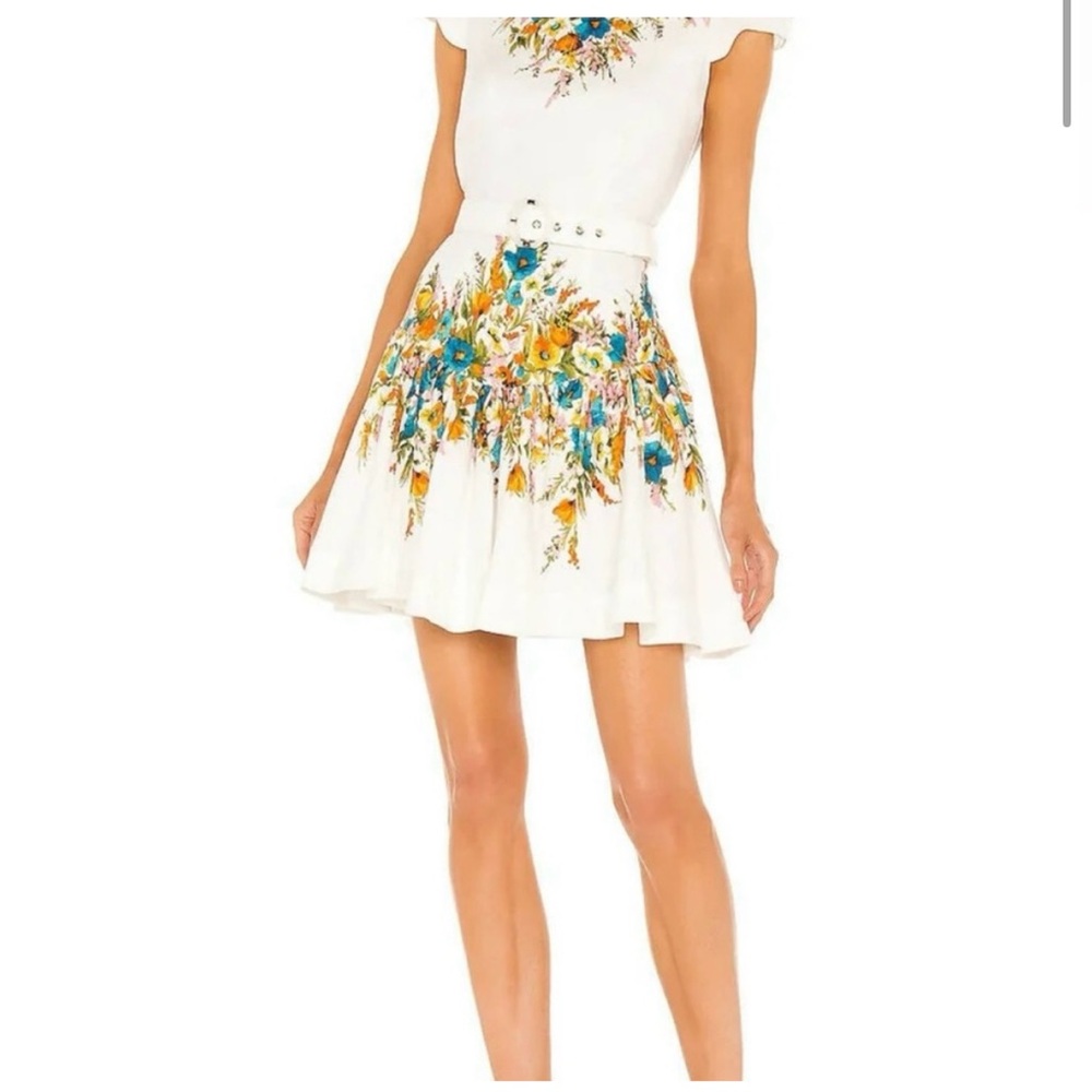 Zimmermann Estelle Floral Print Mini Belted Flared Dress In Multicolor Linen